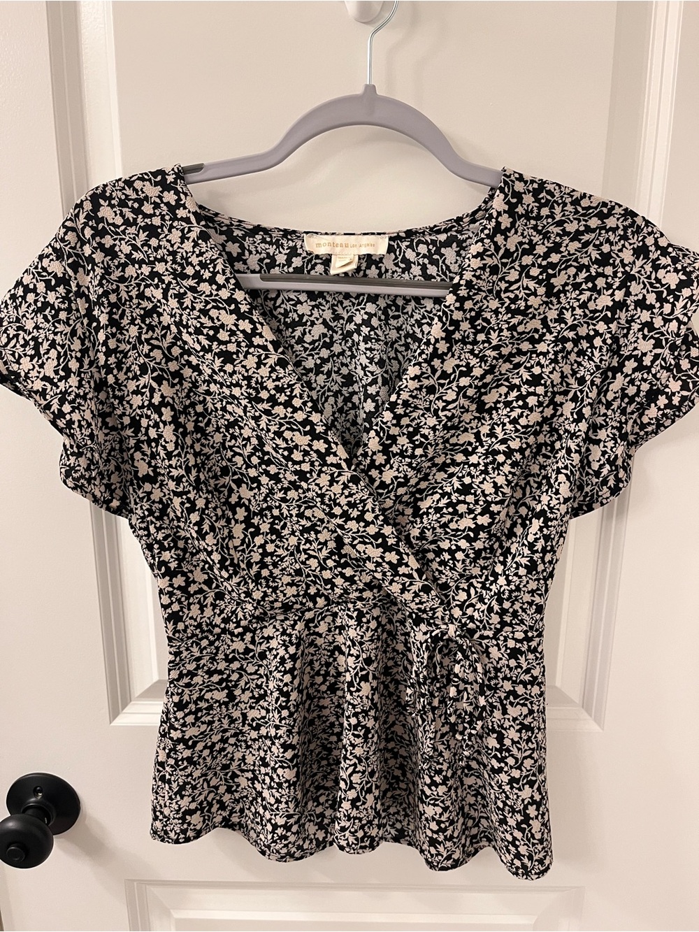 Monteau Black & Cream Floral Wrap Peplum Blouse